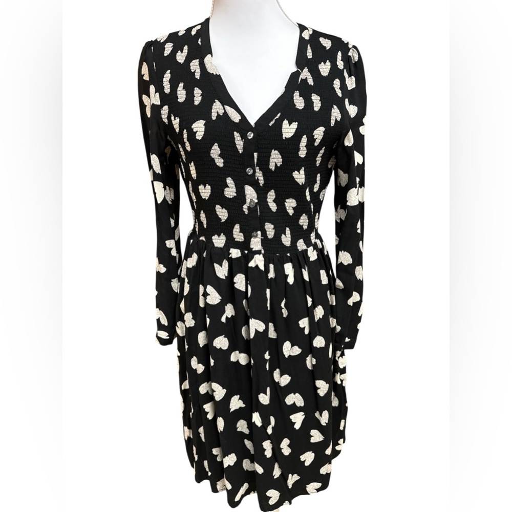 Anthropologie Maeve Banet Smocked Heart Ruched Dress Longsleeve Fit & Flare S